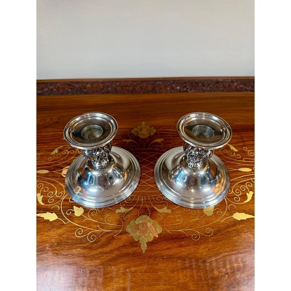 Vintage Wm Rogers Silverplate Candlestick Holders Pair • Victorian Rose Pattern